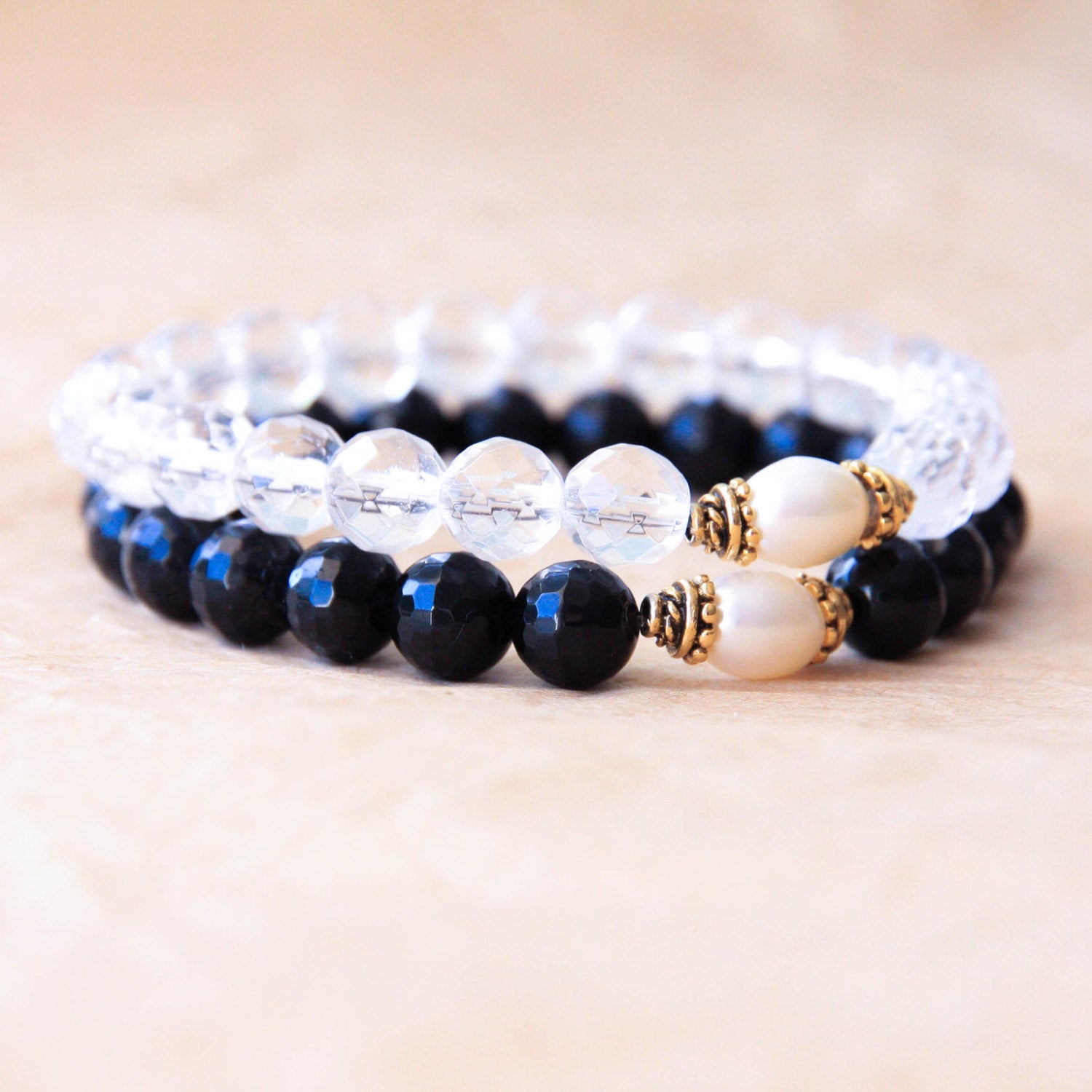 black and white yoga bracelet stack