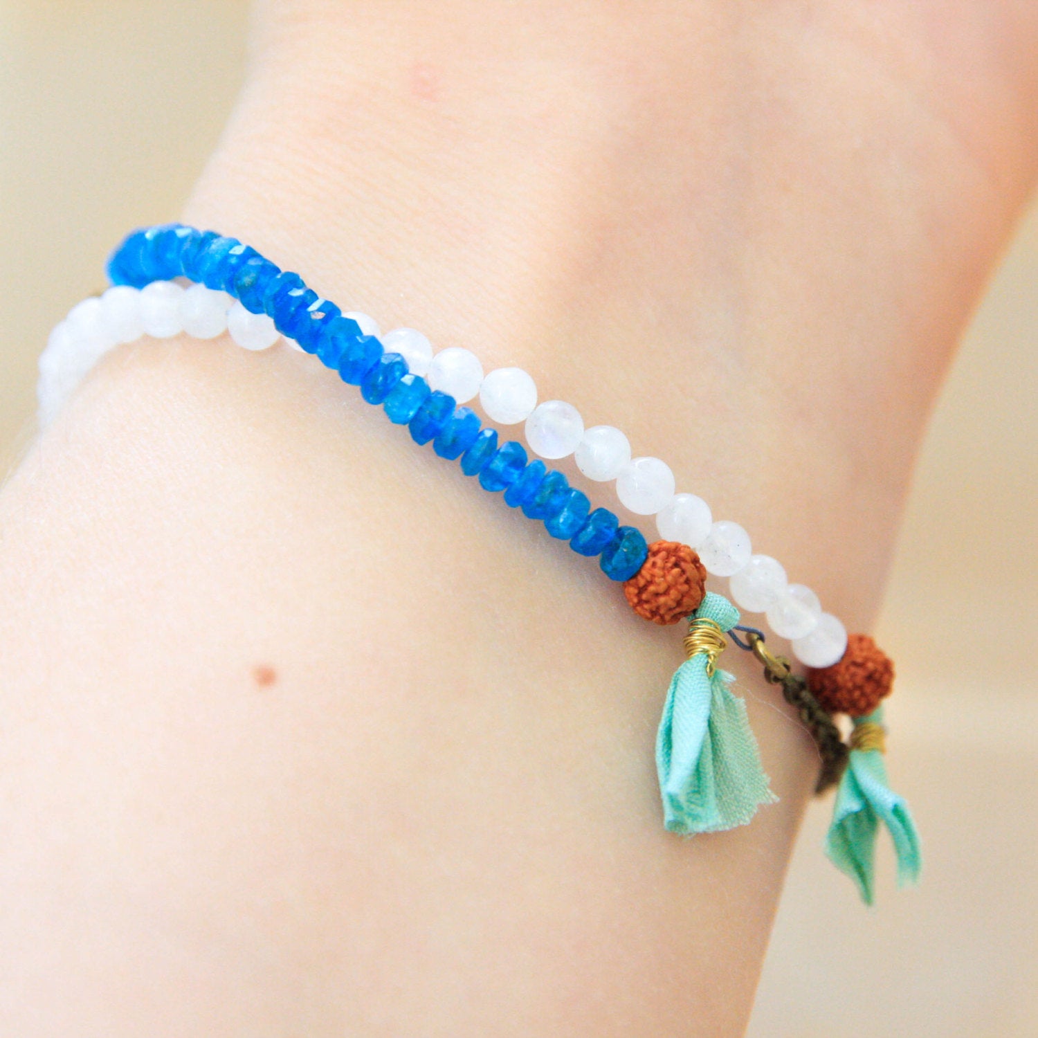 Blue Apatite and White Moonstone small bead bracelets