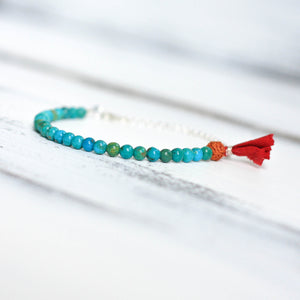 Turquoise small bead bracelet with tassel, boho jewelry