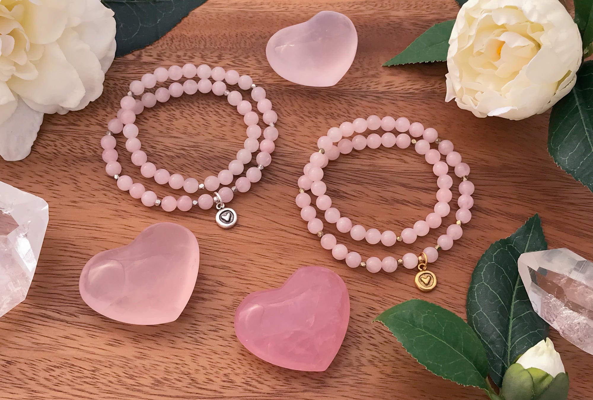 SELF-LOVE Rose Quartz Mala Wrap Bracelet with Heart Charm, Gold or Silver