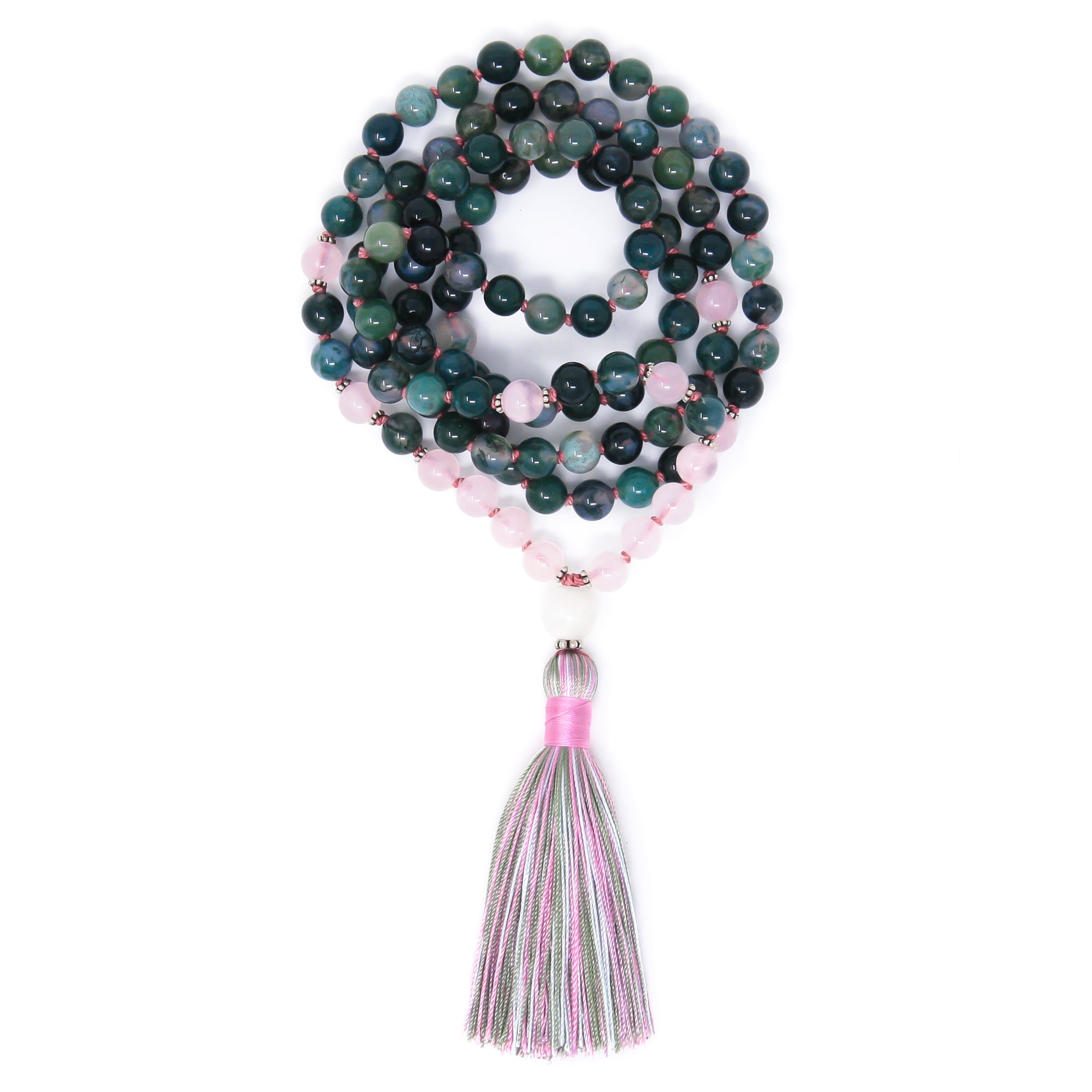 Moss Agate Rose Quartz 108 mala beads, boho jewelry