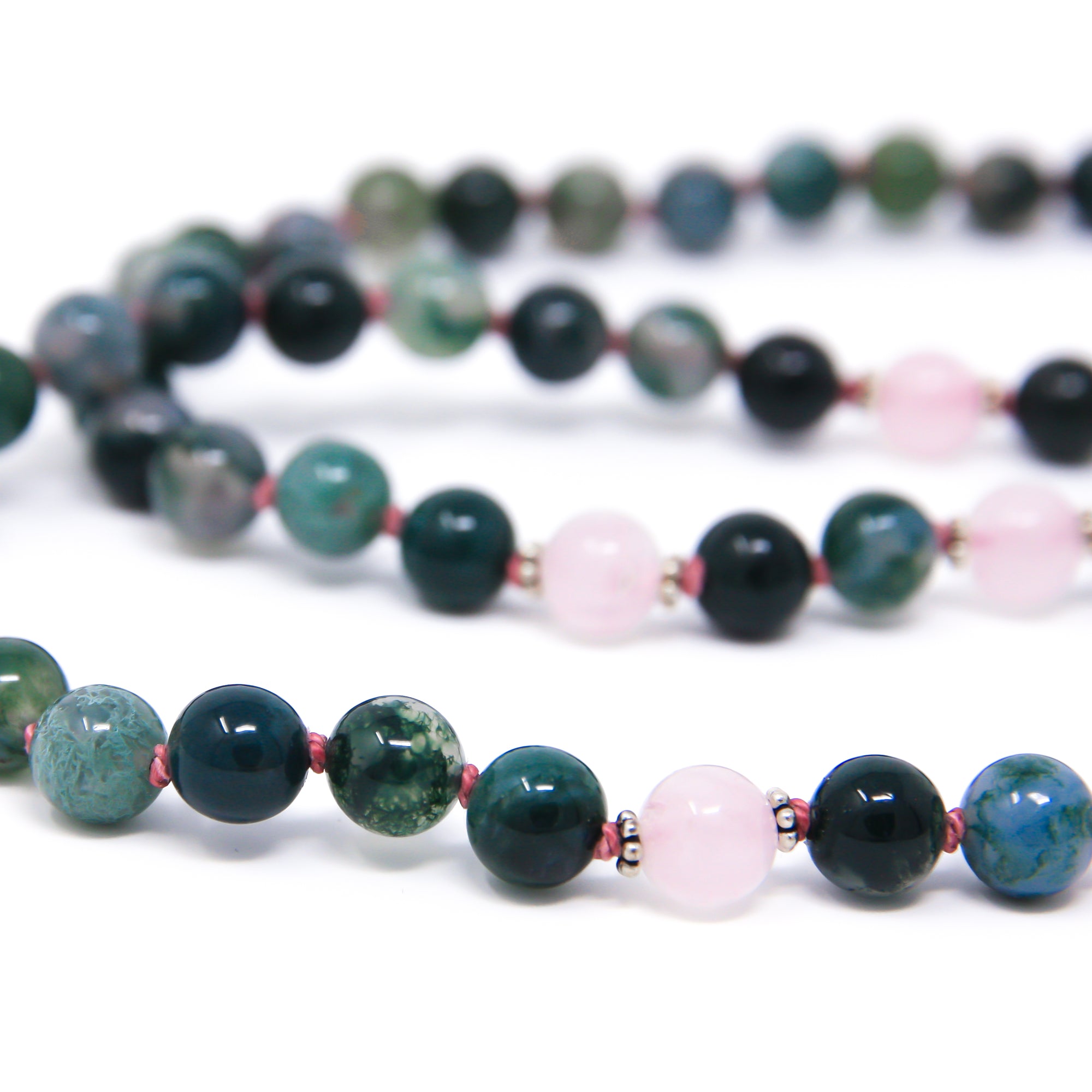 Moss Agate Rose Quartz knotted mala 108, long tassel necklace