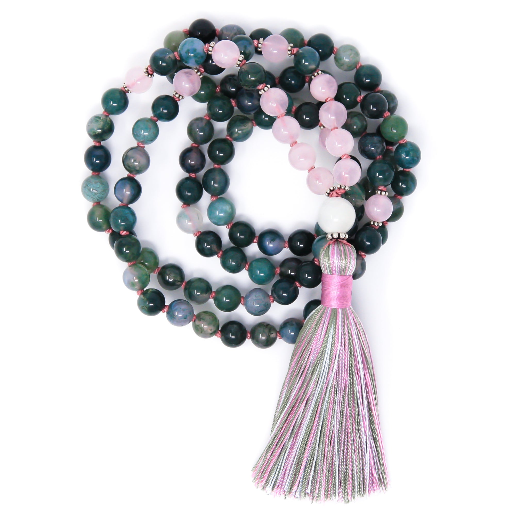 Moss Agate Rose Quartz mala necklace, yoga jewelry