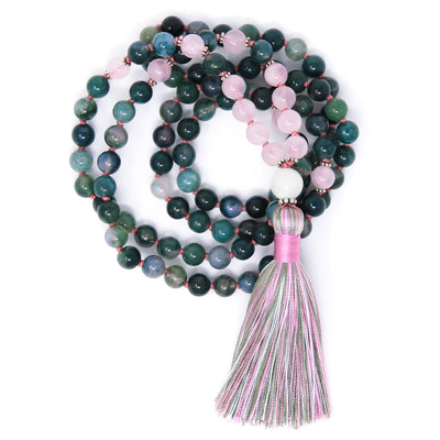 Moss Agate Rose Quartz mala necklace, yoga jewelry