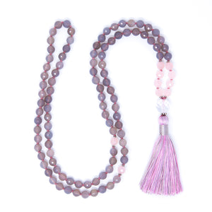 Faceted Gray Agate Rose Quartz Long Tassel Necklace, boho jewelry