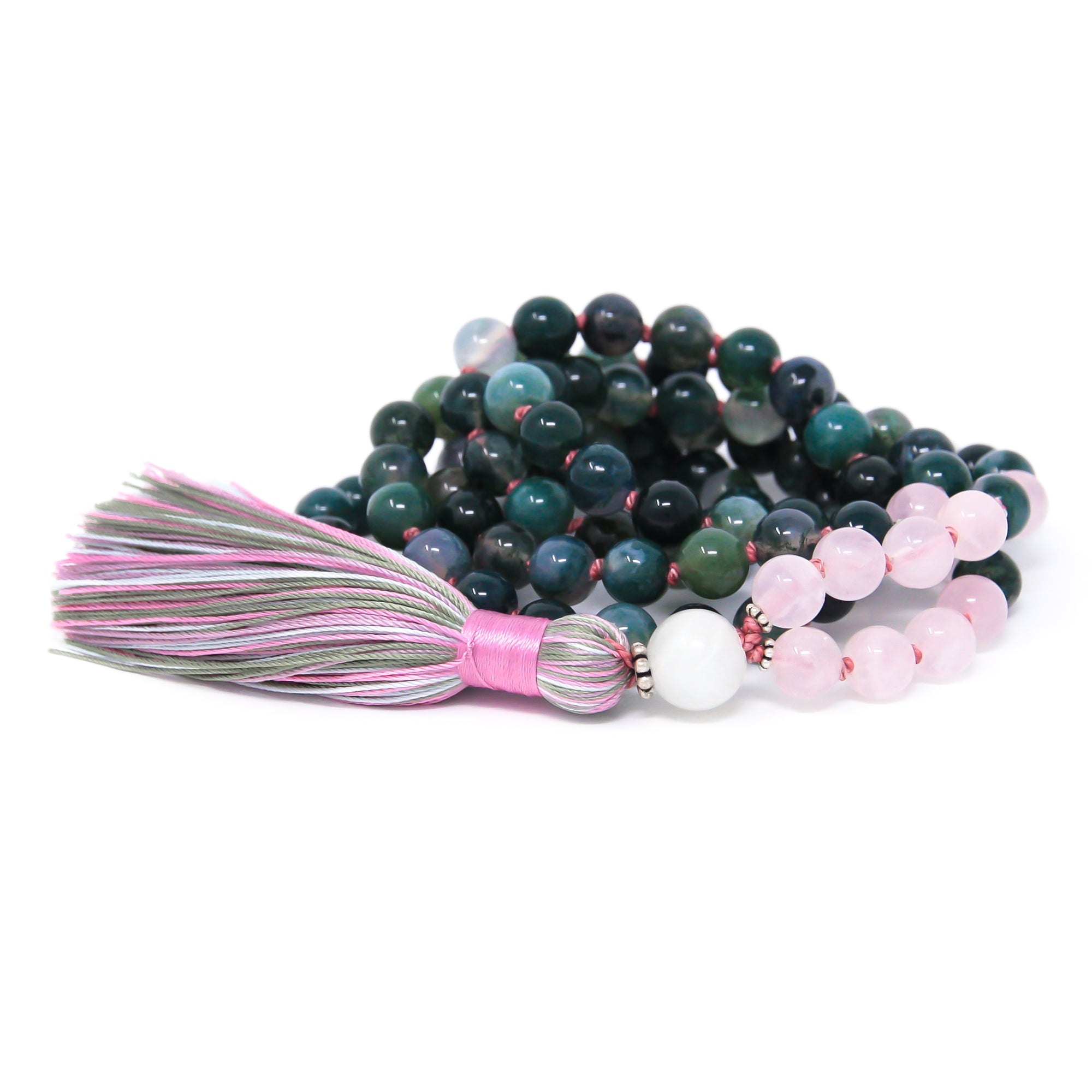 Moss Agate Rose Quartz mala prayer beads, spiritual jewelry
