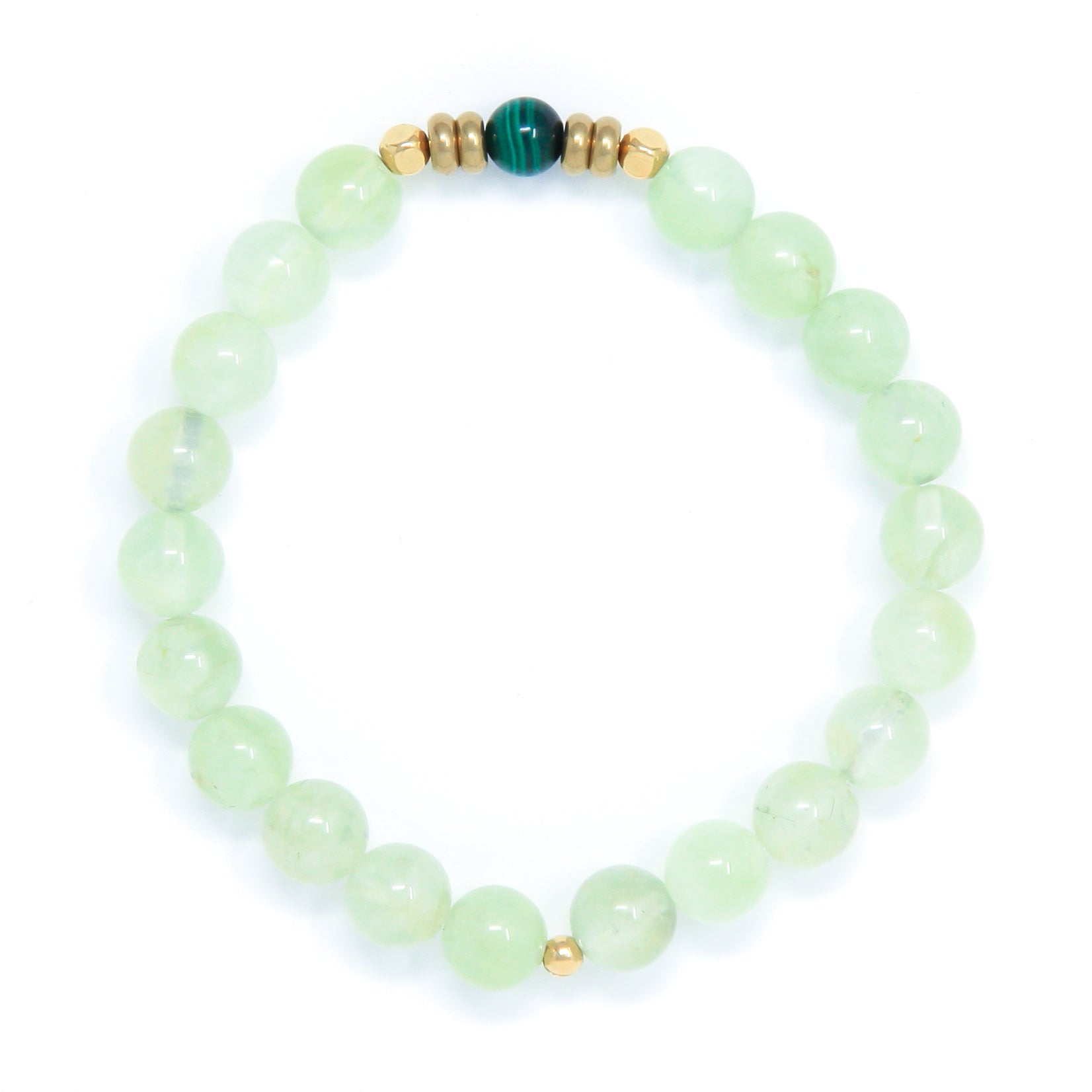 Prehnite Mala Bracelet with Malachite, yoga jewelry