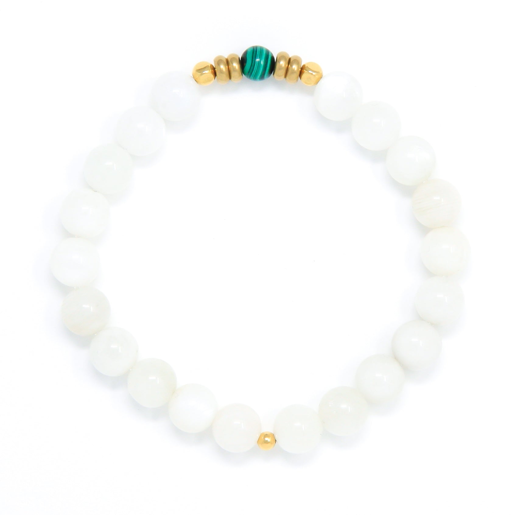 Moonstone Mala Bracelet with Malachite, handmade jewelry