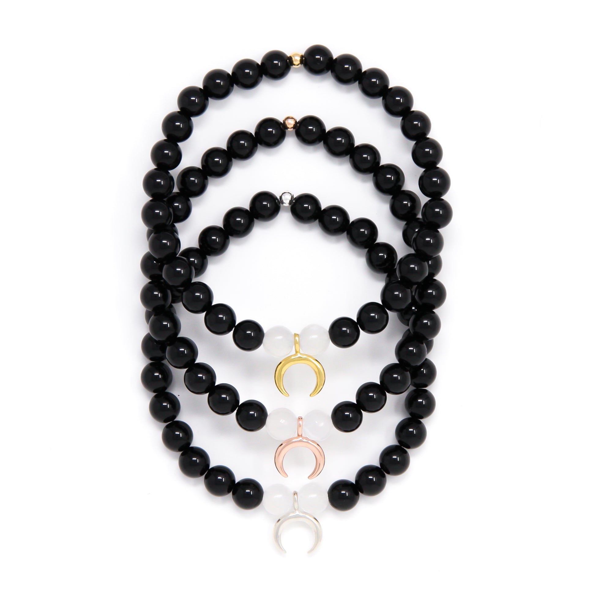 Moon Goddess Bracelet, Selenite and Black Tourmaline Mala Bracelet with either gold vermeil moon charm, rose gold vermeil moon or sterling silver moon