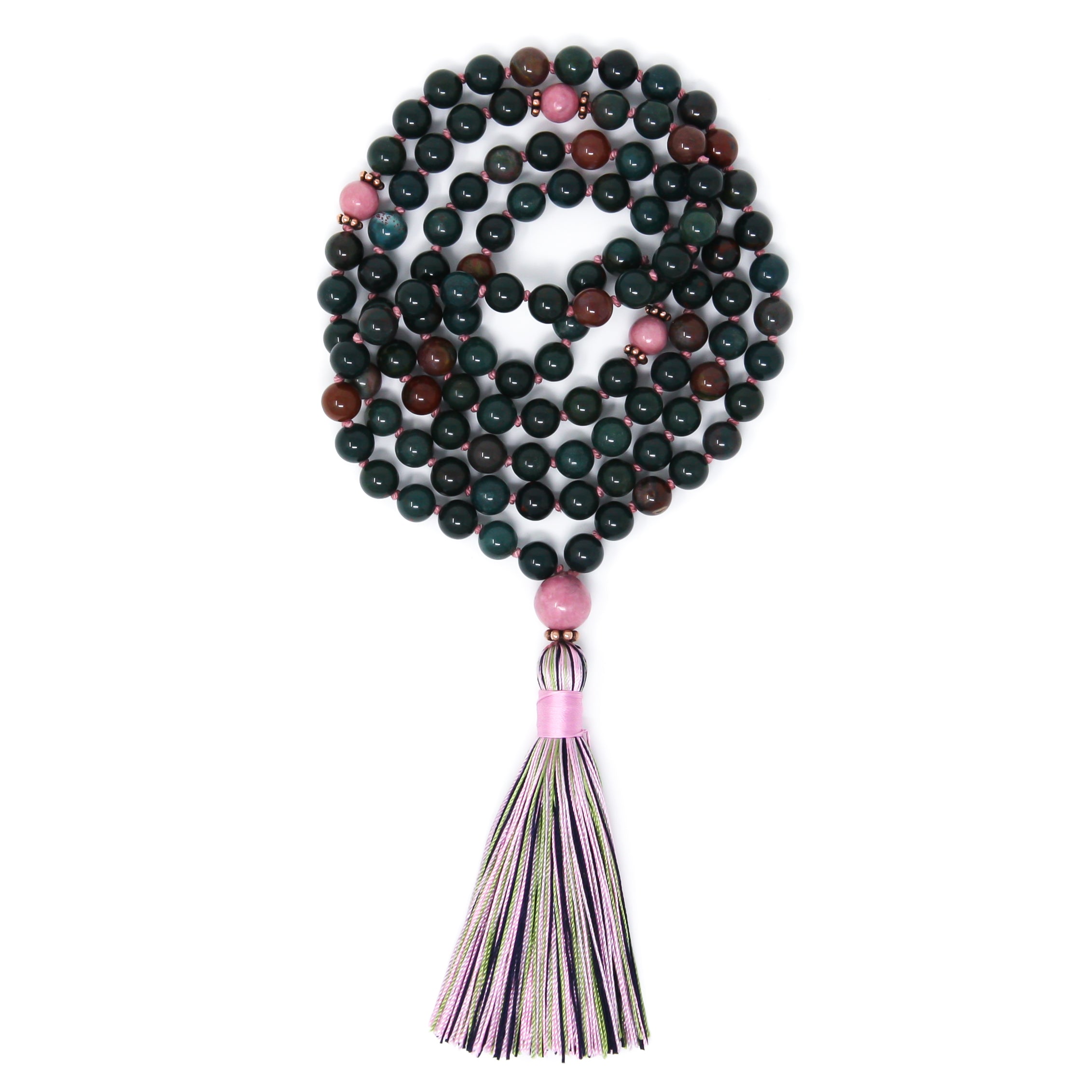Indian Bloodstone Rhodonite Mala Necklace, yoga jewelry