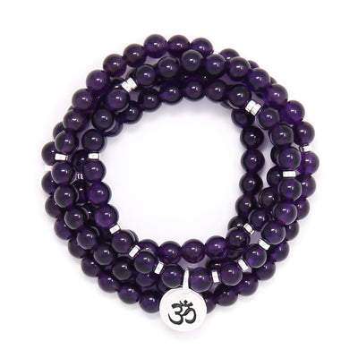 Amethyst 108 Mala Bracelet with Om Charm, spiritual jewelry