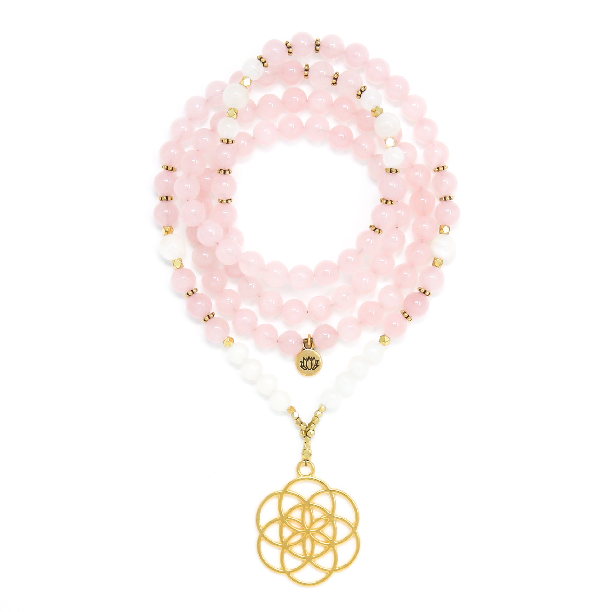 I Am Love & Peace: Rose Quartz & Moonstone Mala Necklace With Seed of Life pendant. Choose gold or silver.