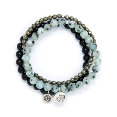Black Tourmaline, Sesame (Kiwi) Jasper & Pyrite Healing Bracelet Set, yoga jewelry