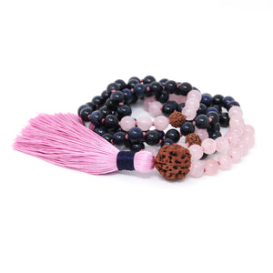 dark blue and pink mala prayer beads, crystal healing jewelry