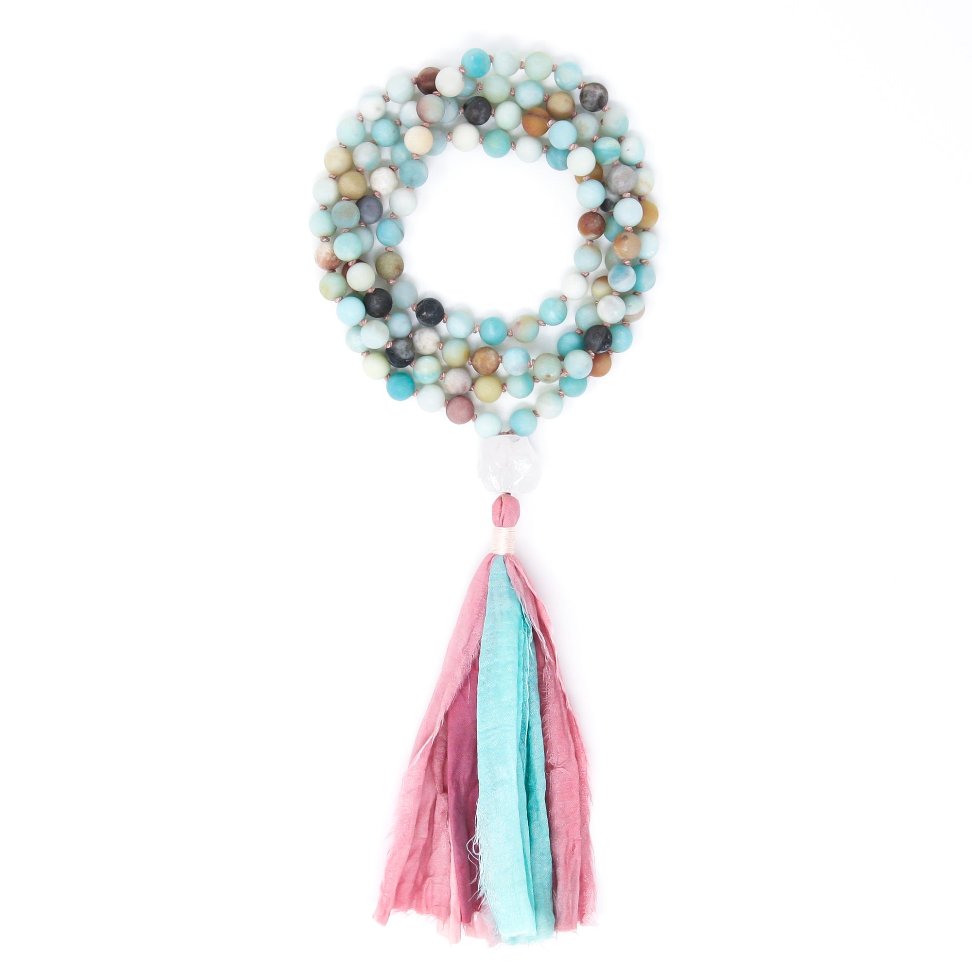 Frost Amazonite Mala 108, boho long tassel necklace