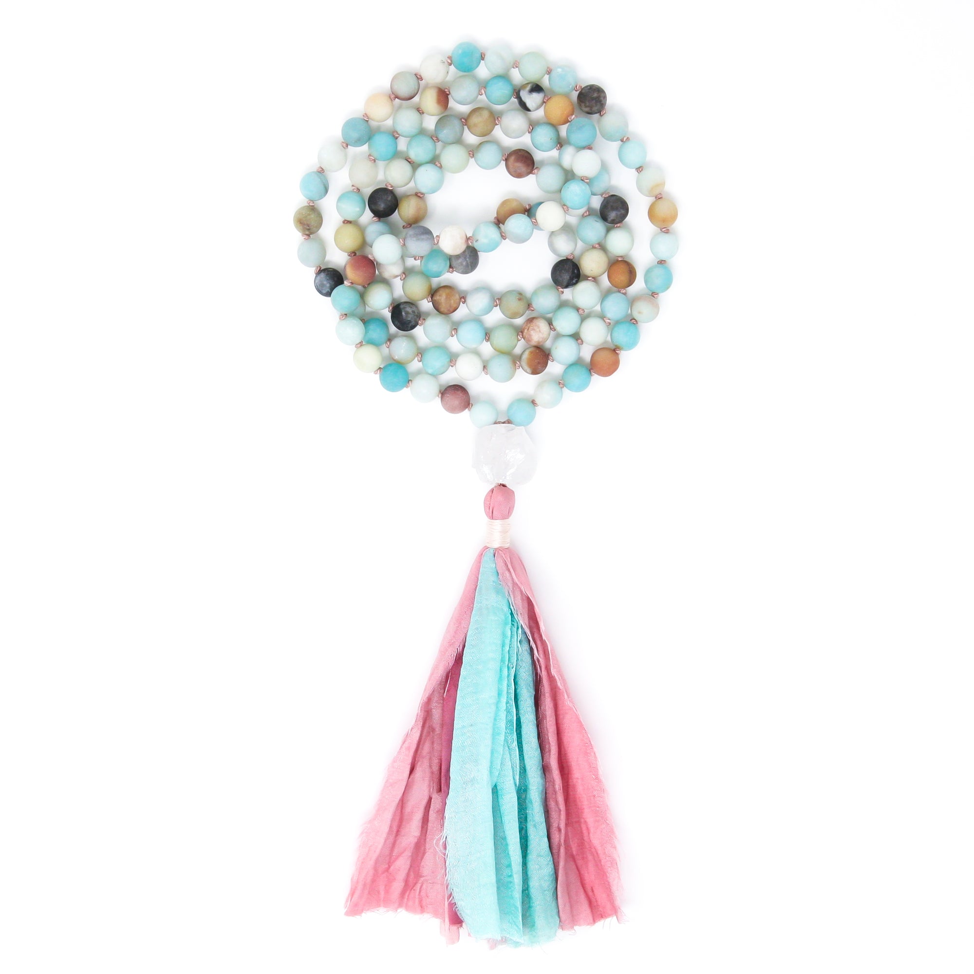 Matte Amazonite Mala Beads with sari ribbon tassel, boho jewelry