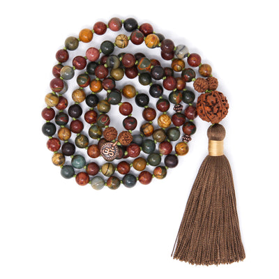 Red Creek Jasper 108 Mala Beads, long tassel necklace