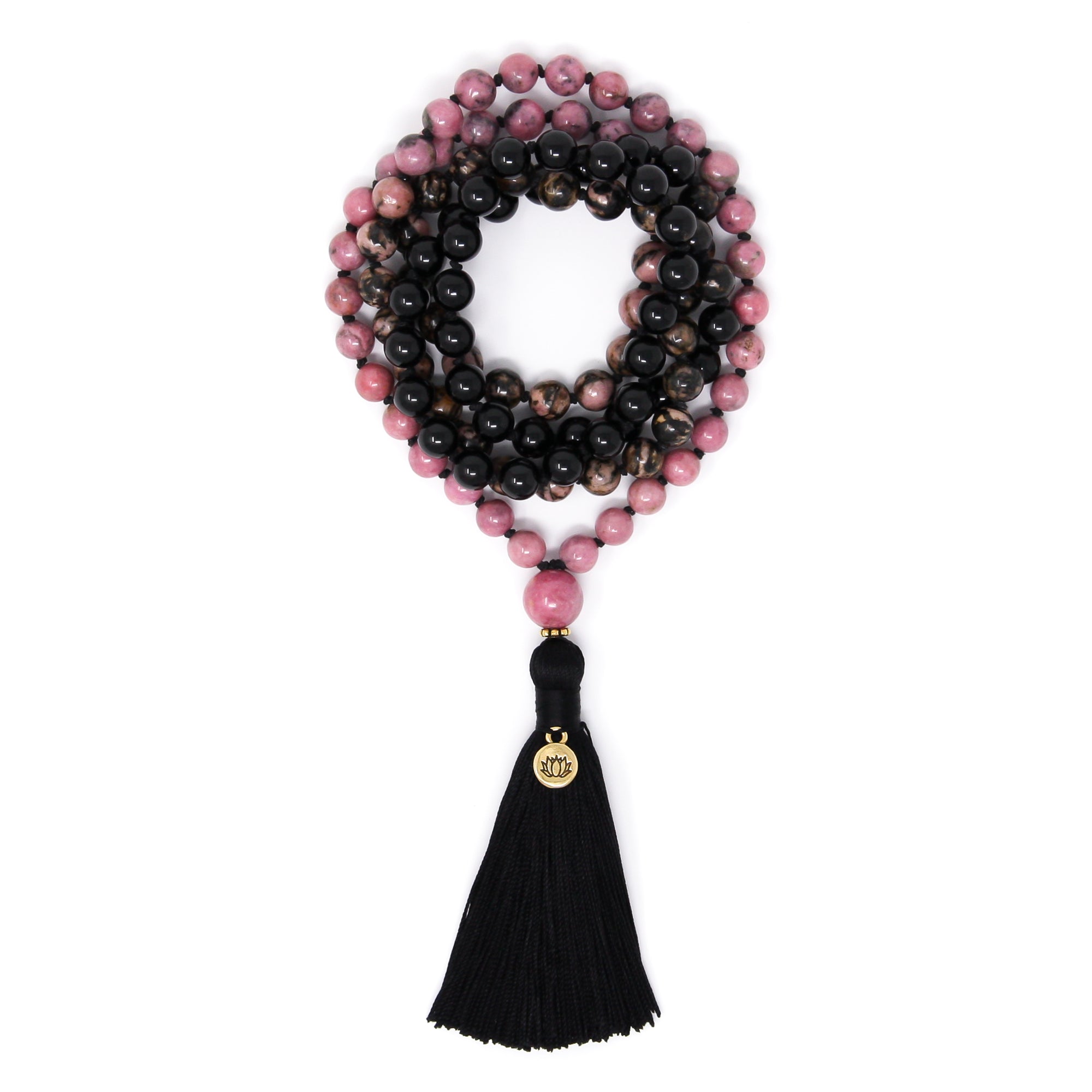 Rhodonite and Black Tourmaline Knotted Mala 108, handmade jewelry