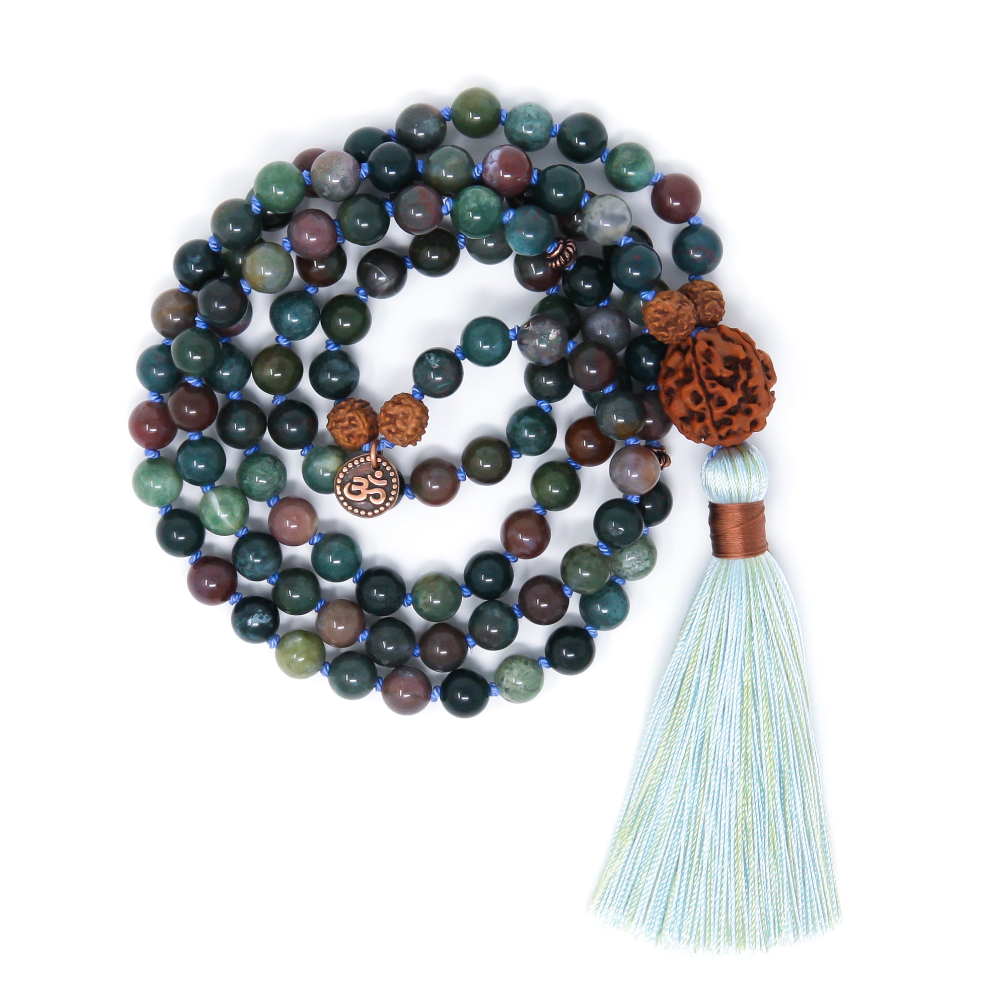 Indian Agate Mala Beads 108 with Rudraksha and Om charm, spiritual jewelry