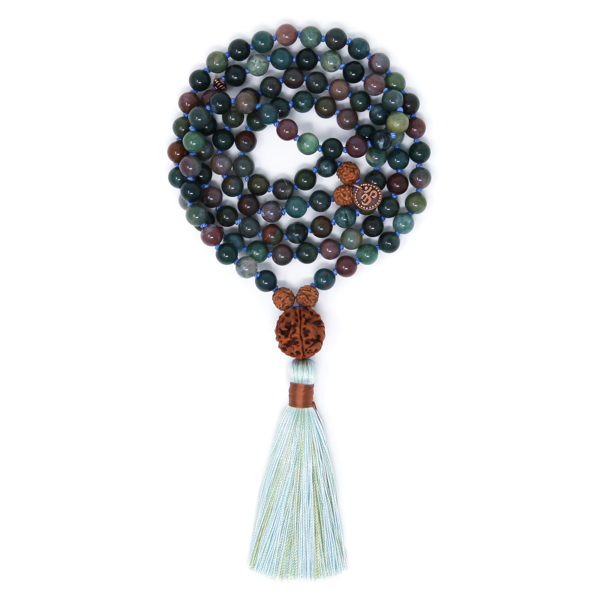 Green Indian Agate Mala Prayer Beads 108 with Rudraksha, buddhist jewelry