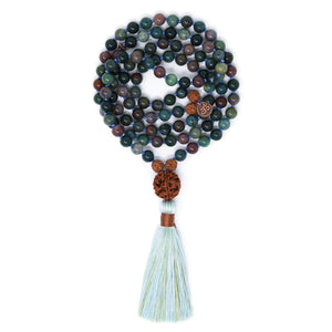 Green Indian Agate Mala Prayer Beads 108 with Rudraksha, buddhist jewelry
