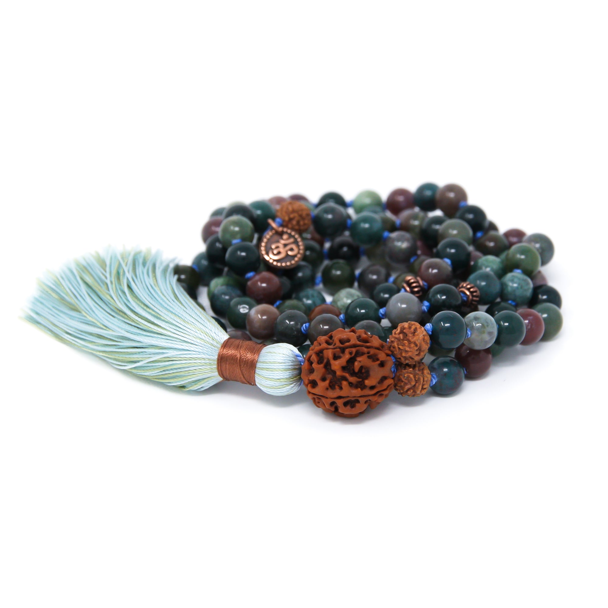 Fancy Jasper Japa Mala Beads with Rudraksha and Om charm, handmade jewelry