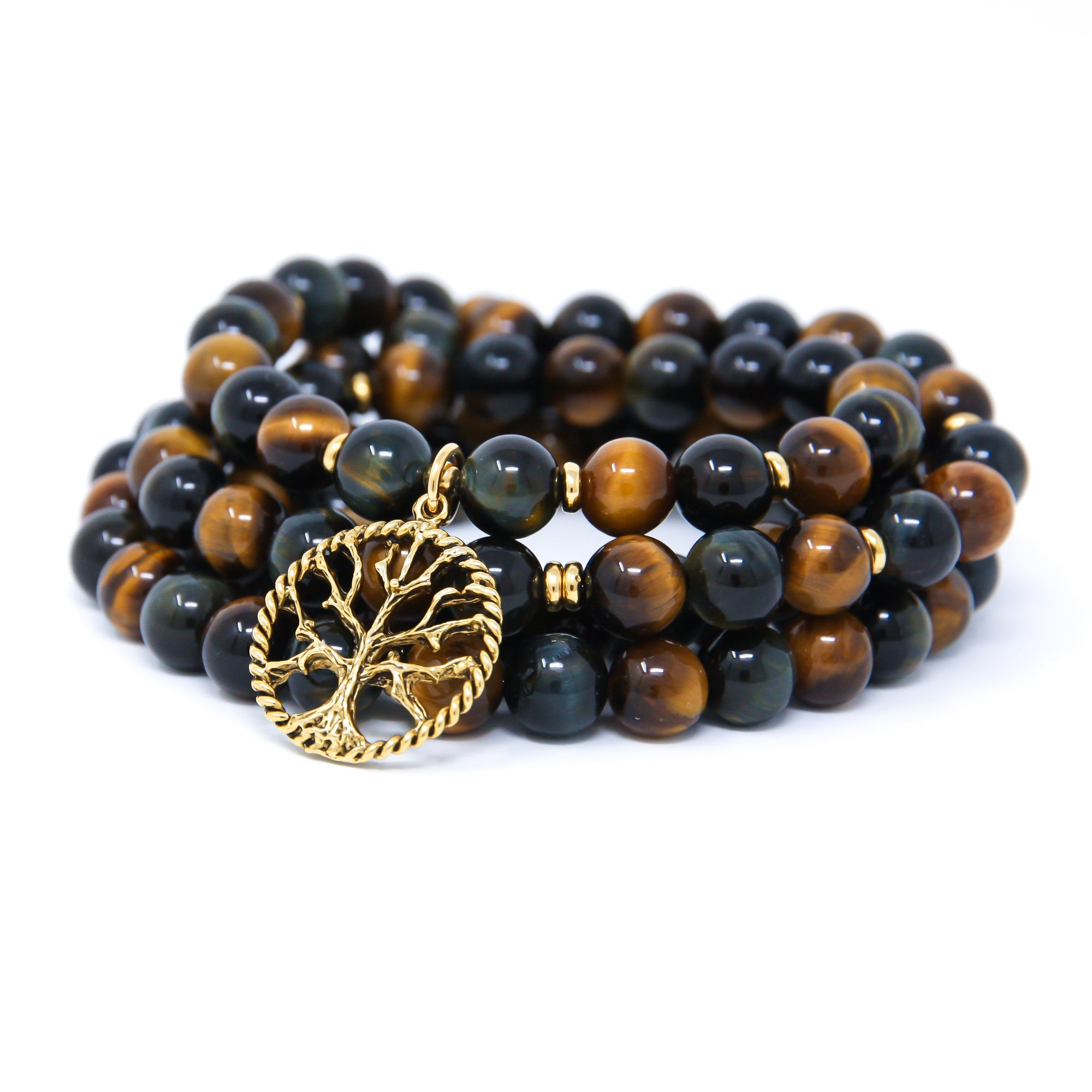 Blue Yellow Tiger’s Eye 108 mala beads with Tree of Life, yoga jewelry