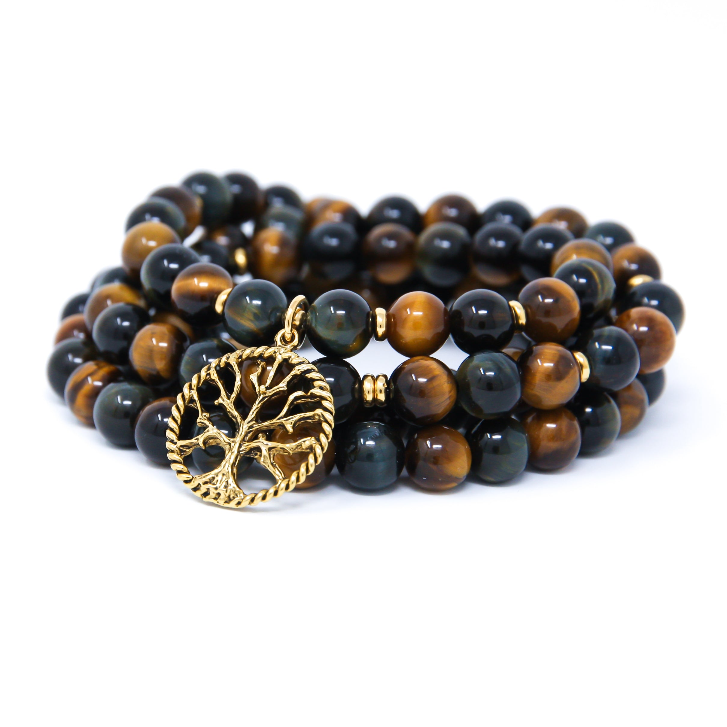Blue Yellow Tiger’s Eye 108 mala beads with Tree of Life, yoga jewelry