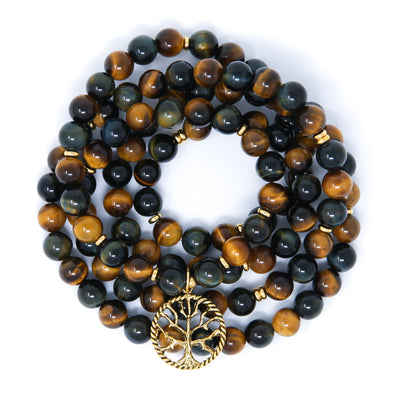 Blue Yellow Tiger's Eye 108 Mala Bracelet with Tree of Life, spiritual jewelry