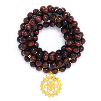 Red Tiger’s Eye 108 Mala Bracelet with Seed of Life, yoga jewelry