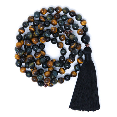Blue Yellow Tiger’s Eye Mala Necklace, yoga jewelry