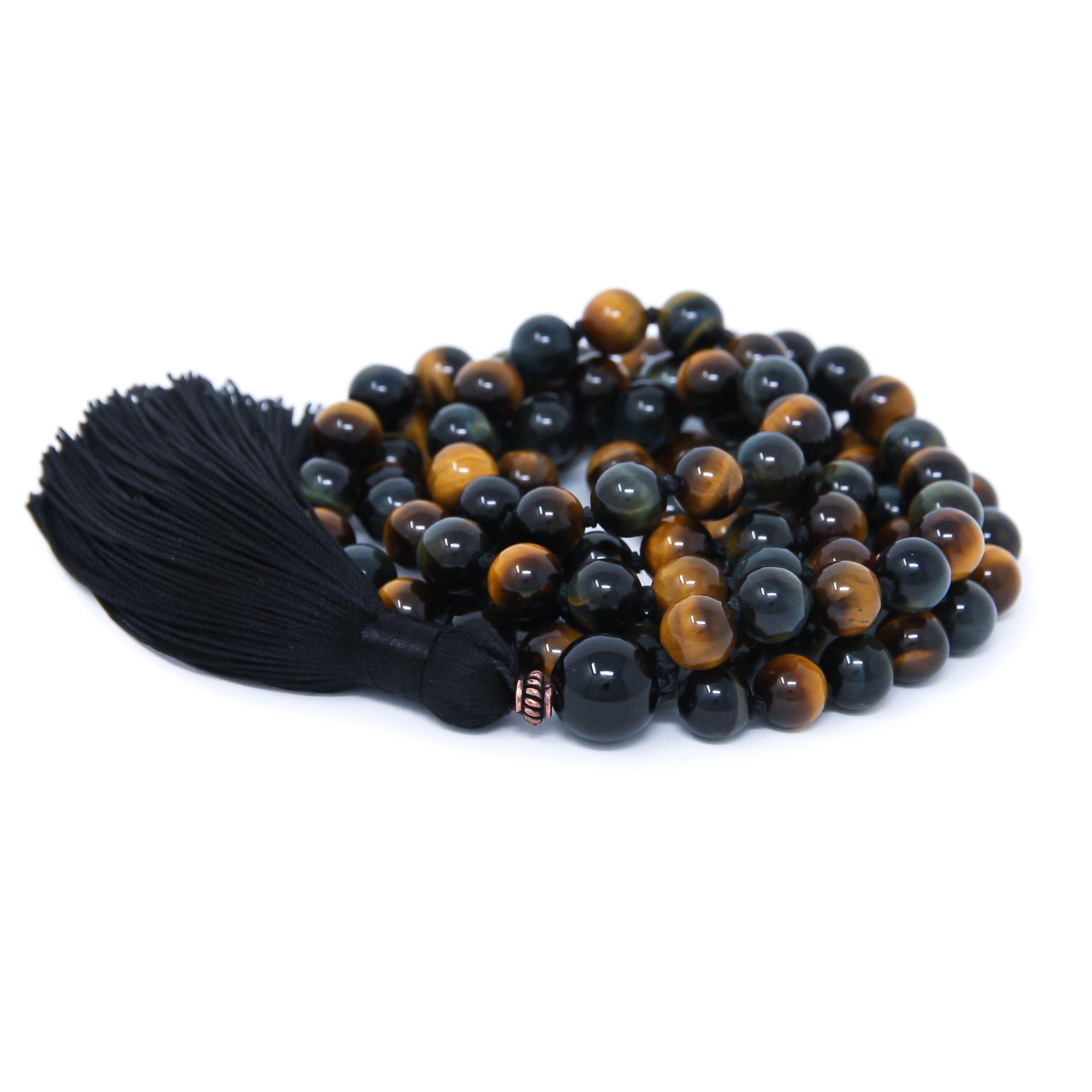 blue and yellow tiger eye knotted japa mala 108, spiritual jewelry