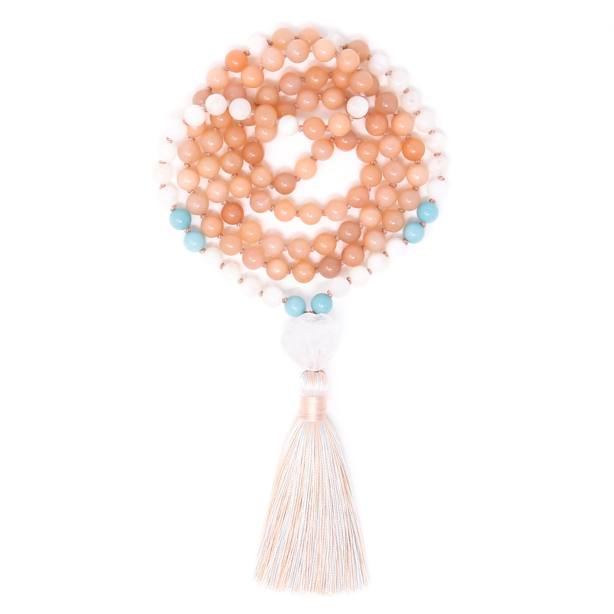 peach quartz moonstone 108 mala prayer beads, knotted mala necklace
