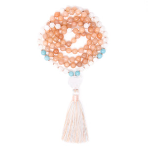 peach quartz moonstone 108 mala prayer beads, knotted mala necklace