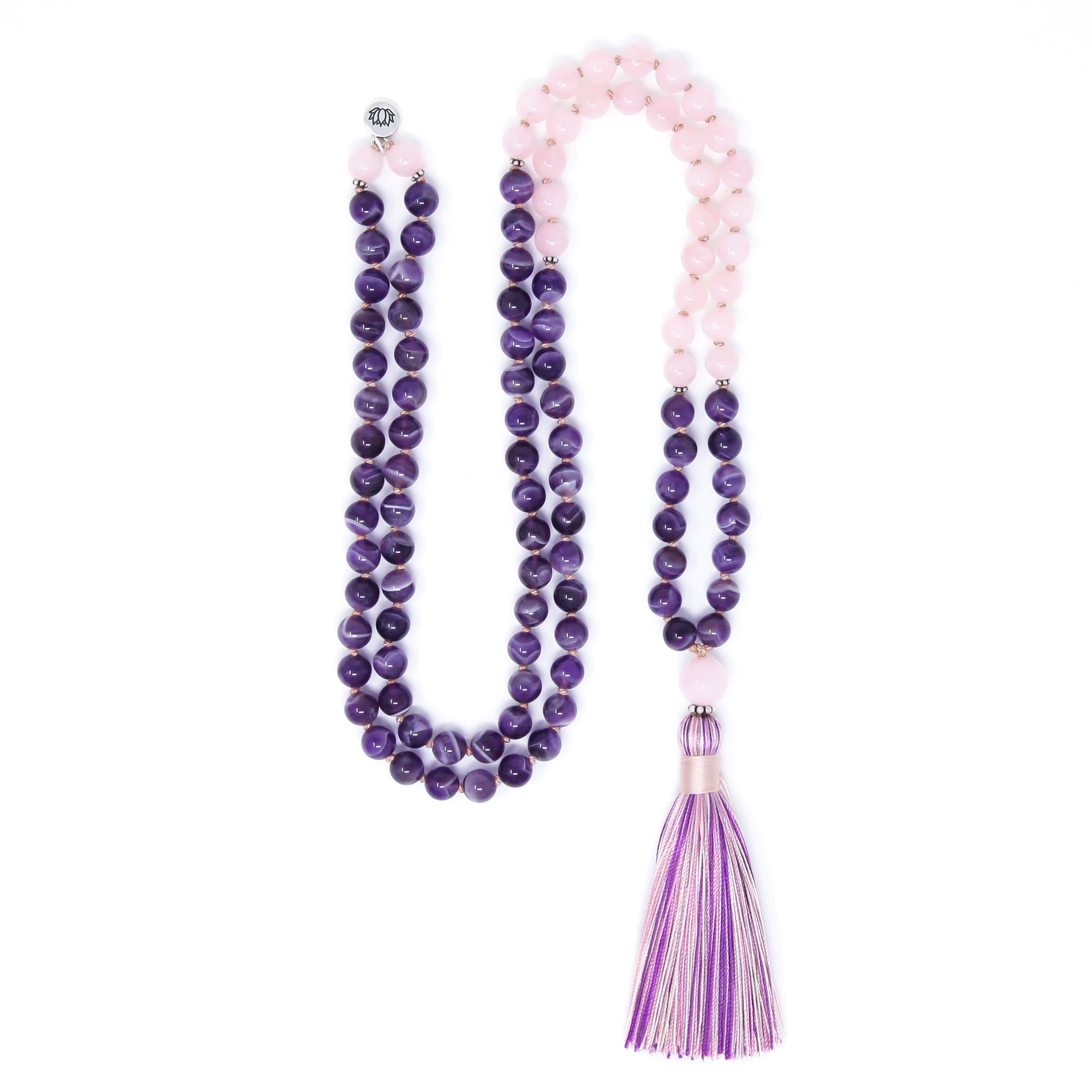 amethyst and rose quartz japa mala, boho jewelry