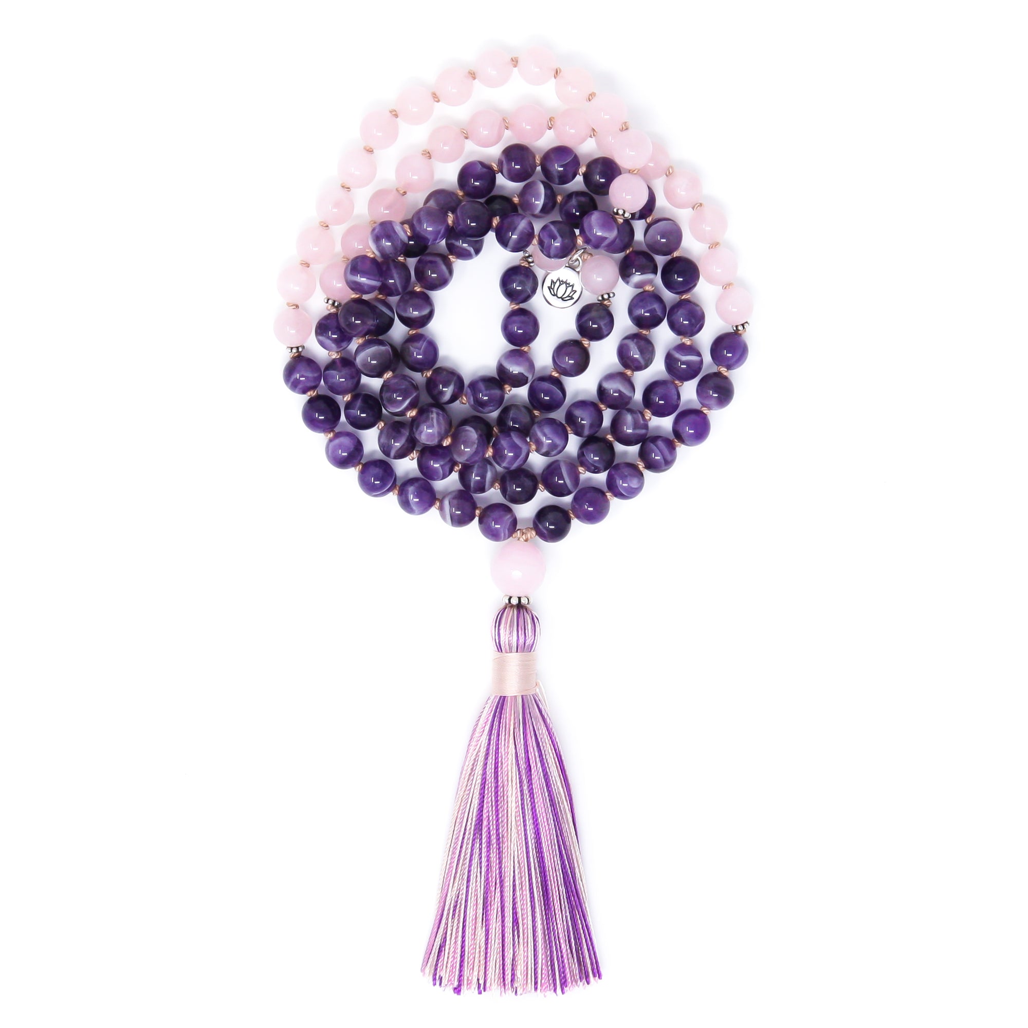 amethyst mala prayer beads, long tassel necklace