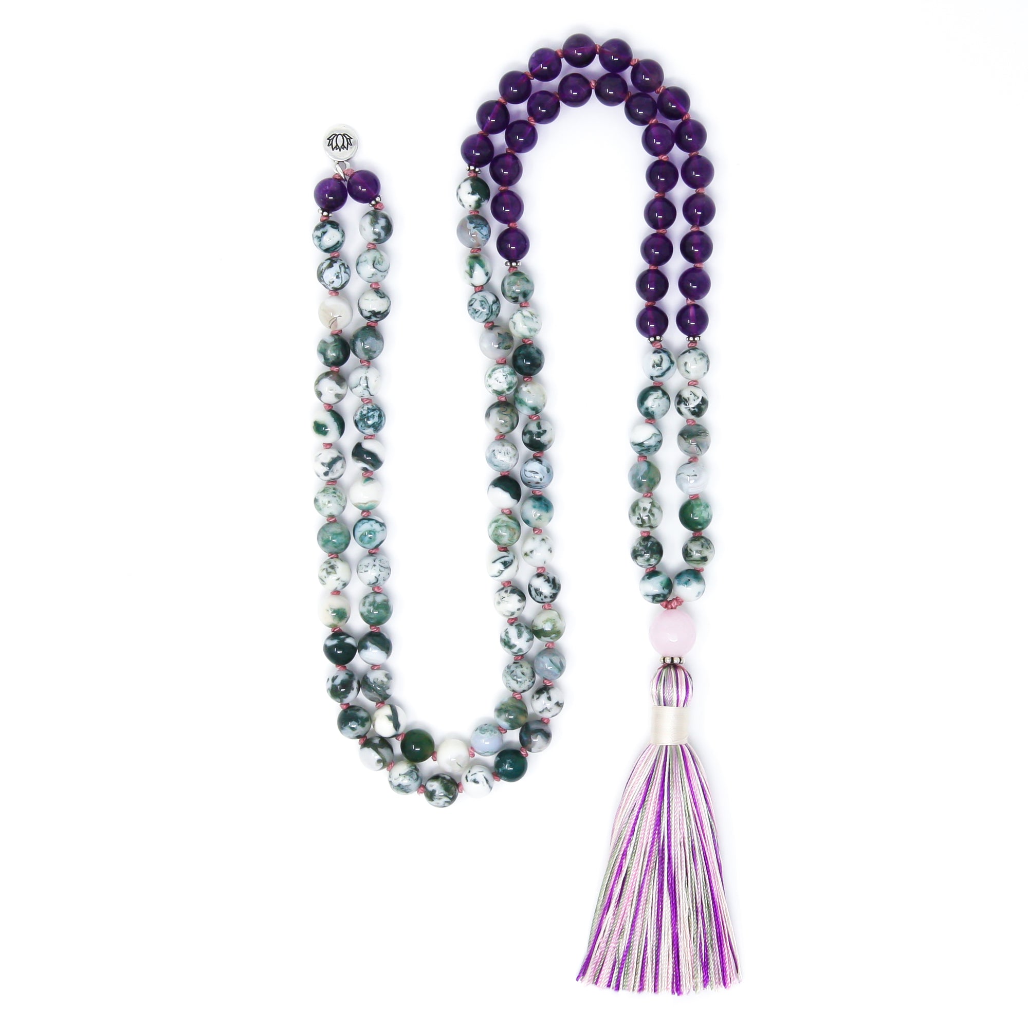 tree agate amethyst zen mala beads, long tassel necklace