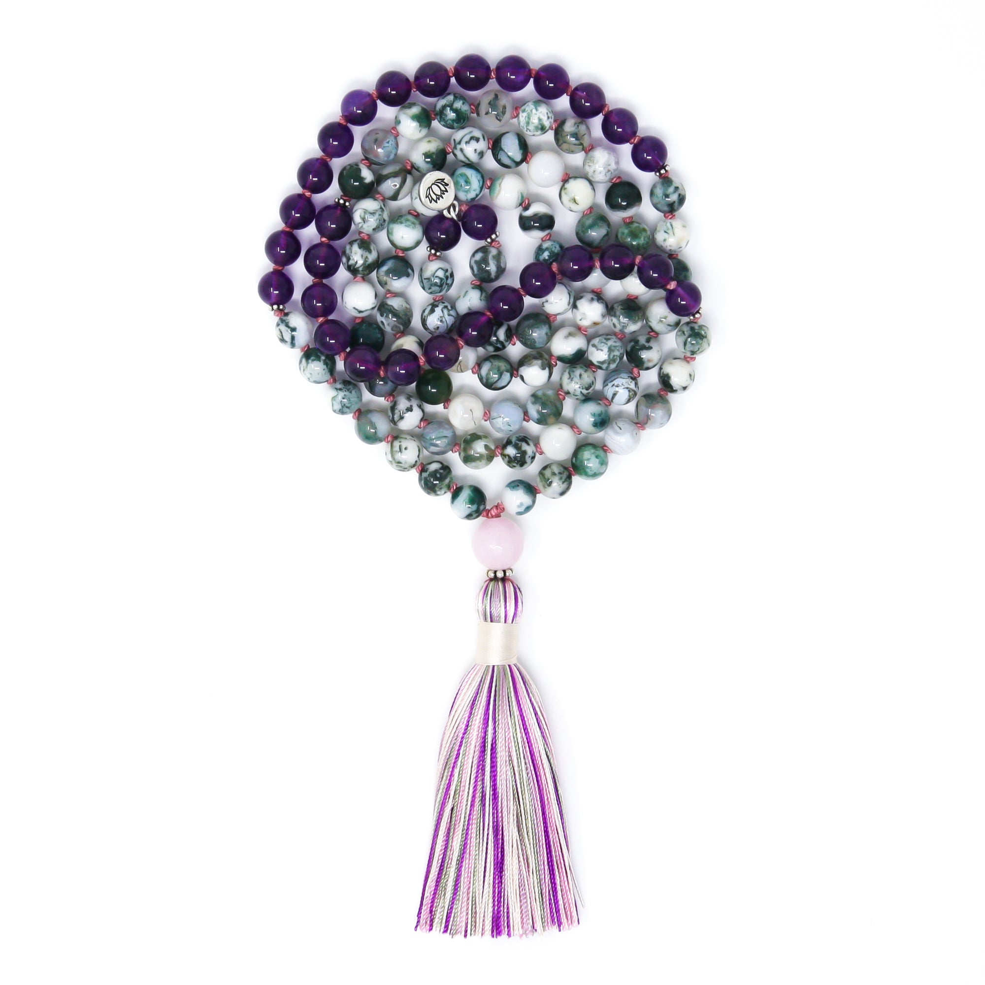 white green purple mala necklace, boho jewelry