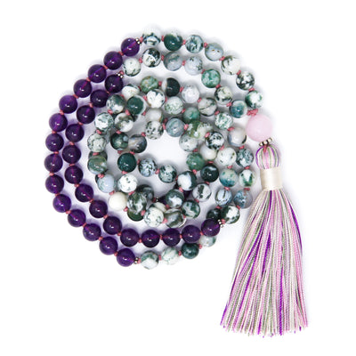 Tree Agate Amethyst Mala Necklace, yoga jewelry