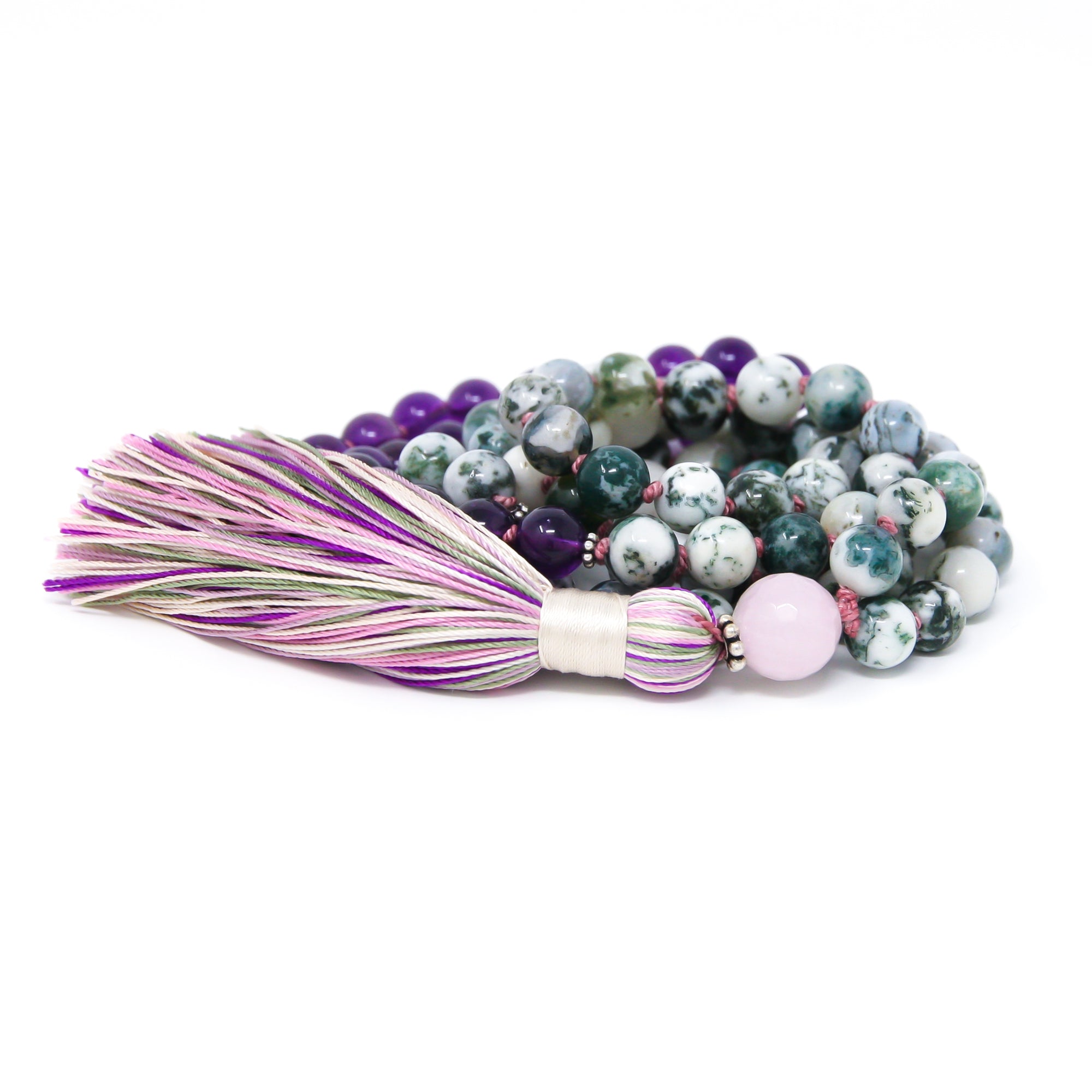 tree agate amethyst mala prayer beads 108, handmade jewelry