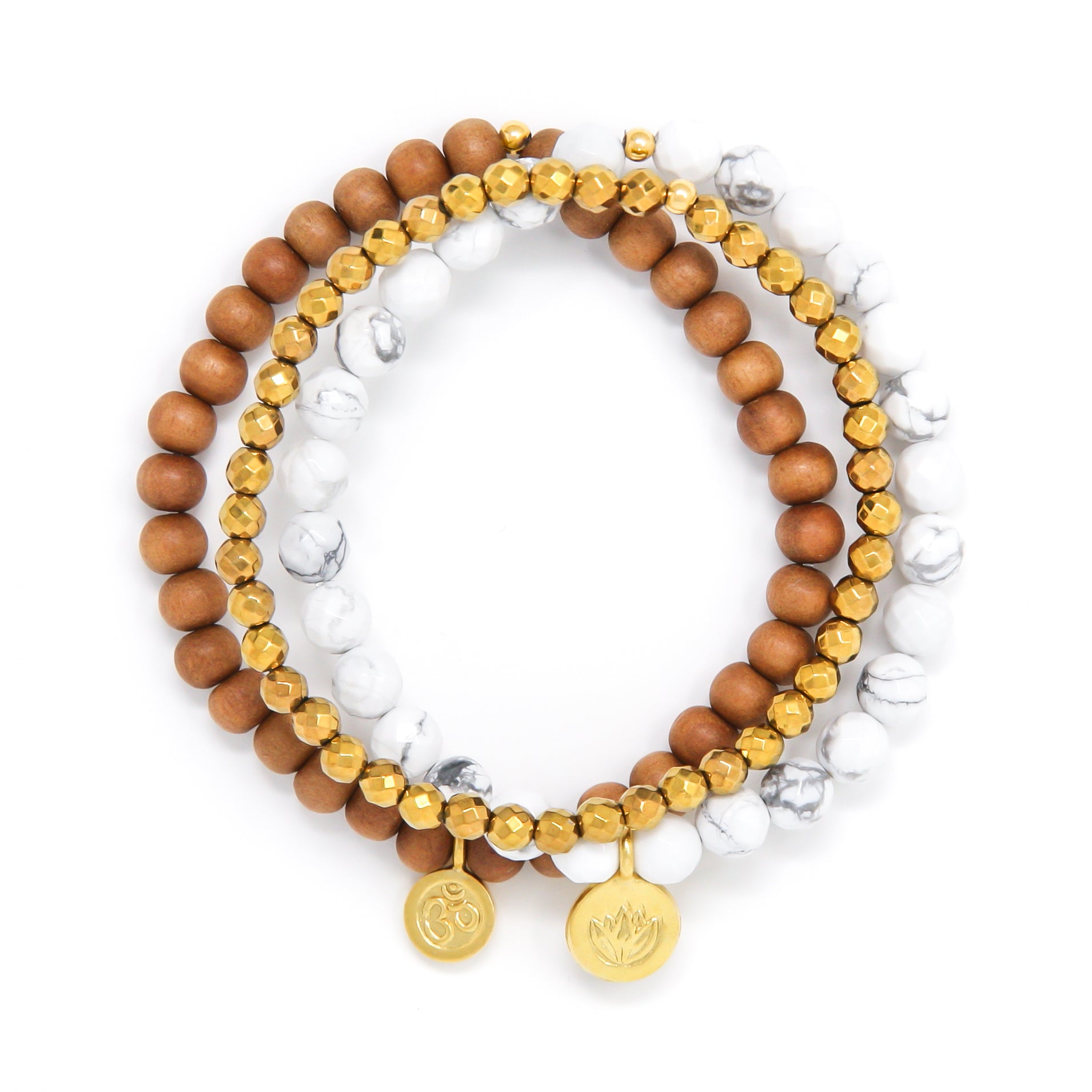 Howlite, Sandalwood, Gold Hematite Healing Bracelet Set, modern yoga jewelry