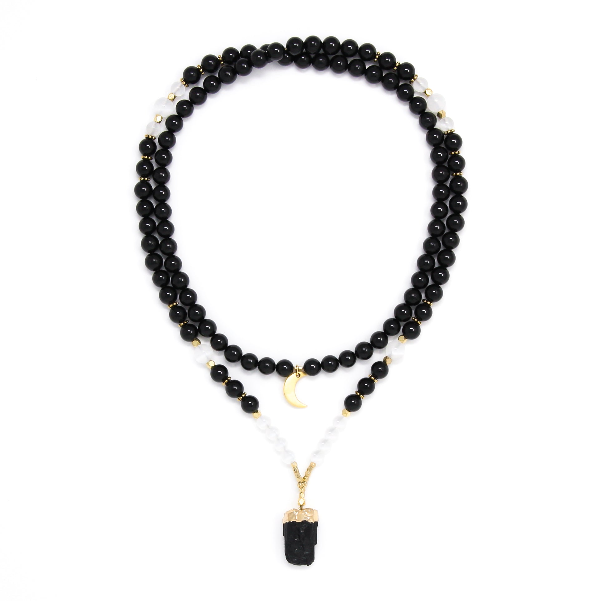 Moon Goddess Necklace, Selenite and Black Tourmaline Mala Necklace with Raw Tourmaline pendant and gold accents, spiritual jewelry