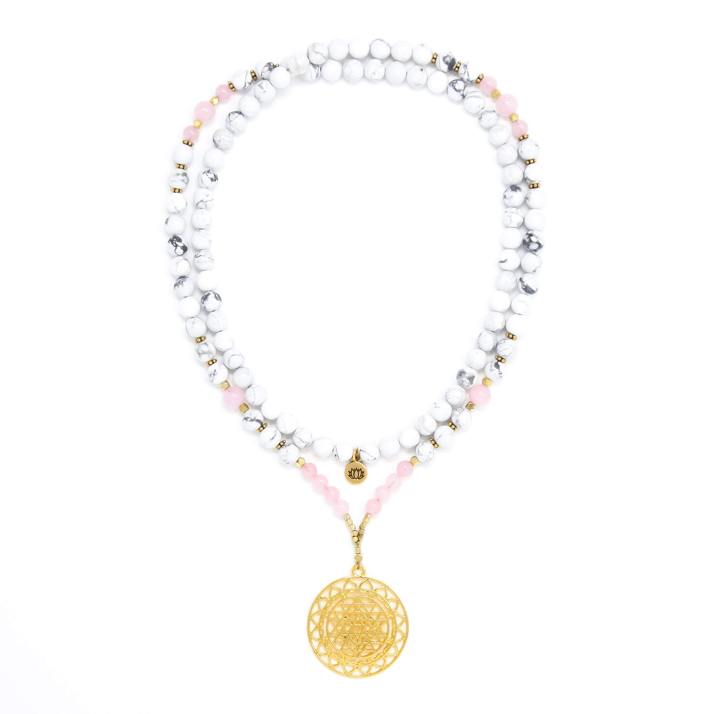 Howlite and Rose Quartz Mala Necklace with Gold Sri Yantra Pendant, white, pink and gold mala prayer beads, spiritual jewelry