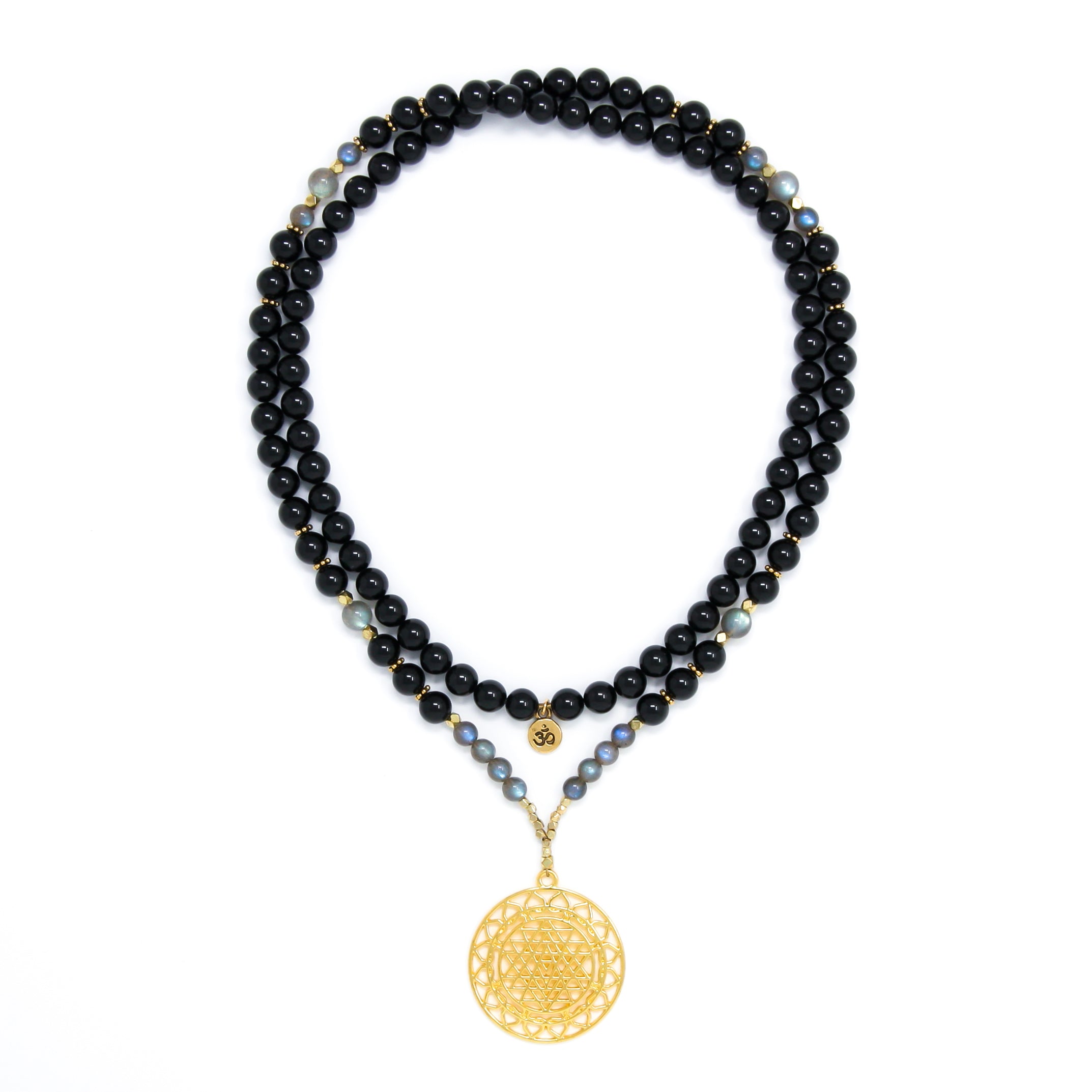 Black Tourmaline and Labradorite Mala Necklace with Gold Sri Yantra Pendant, black, gray and gold mala prayer beads, spiritual jewelry