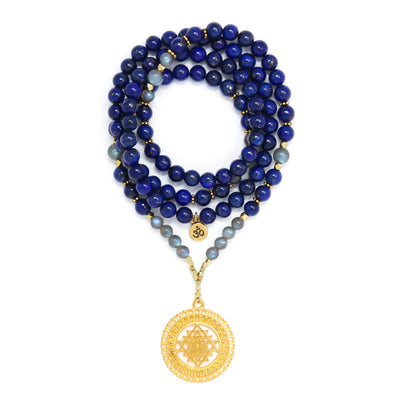 Lapis Lazuli and Labradorite Mala Necklace with Gold Sri Yantra Pendant, blue, gray and gold mala beads, yoga jewelry