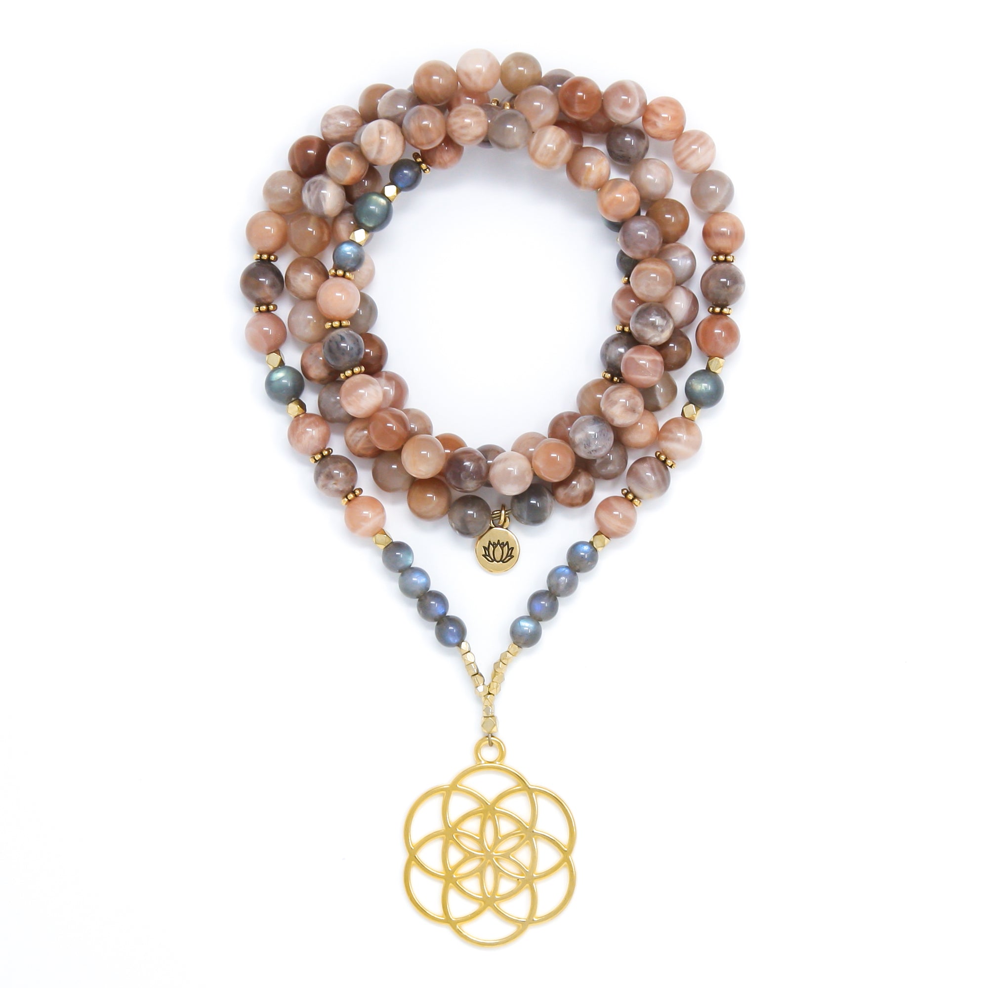 Sunstone and Labradorite Mala Necklace with Seed of Life Pendant, nude peach, gray and gold mala beads, yoga jewelry