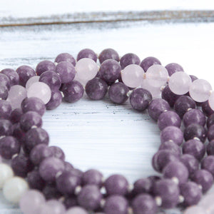 knotted mala necklace with lepidolite rose quartz