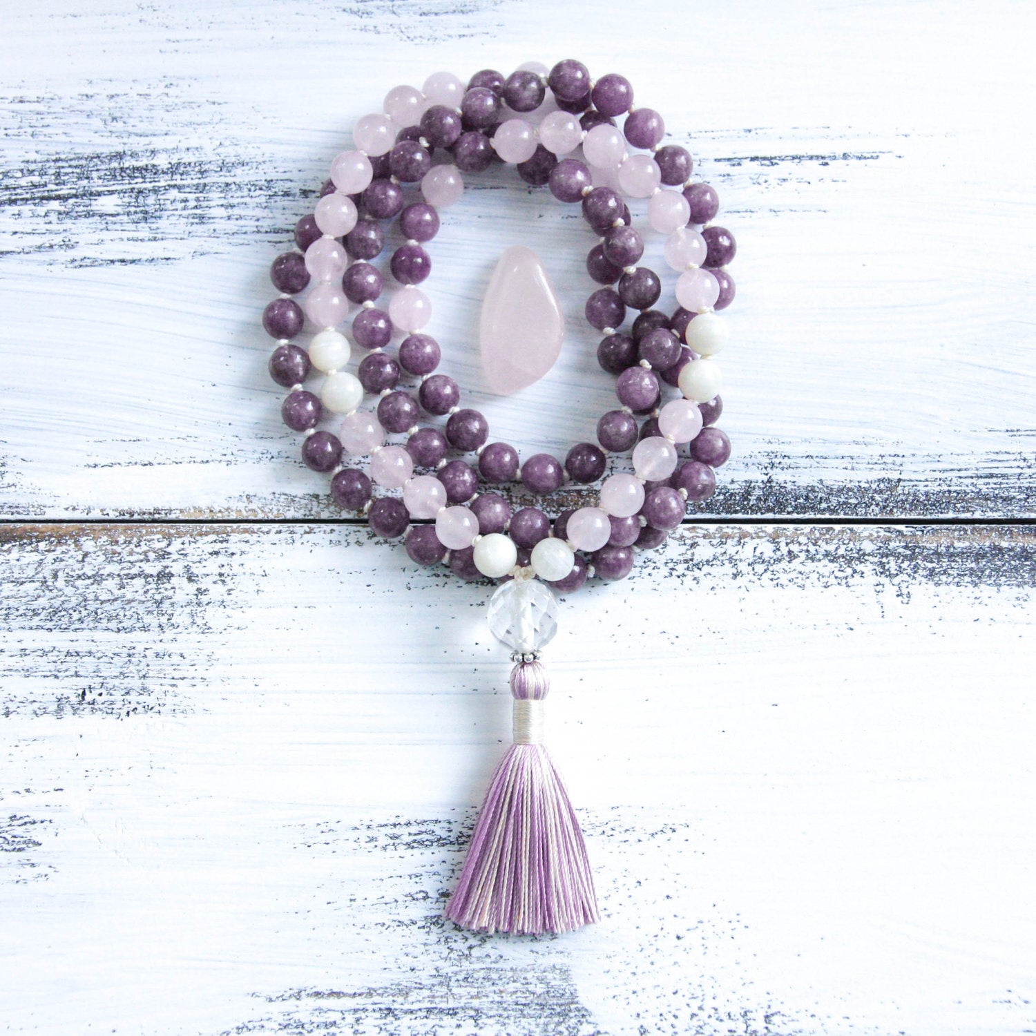 lepidolite rose quartz mala prayer beads 108