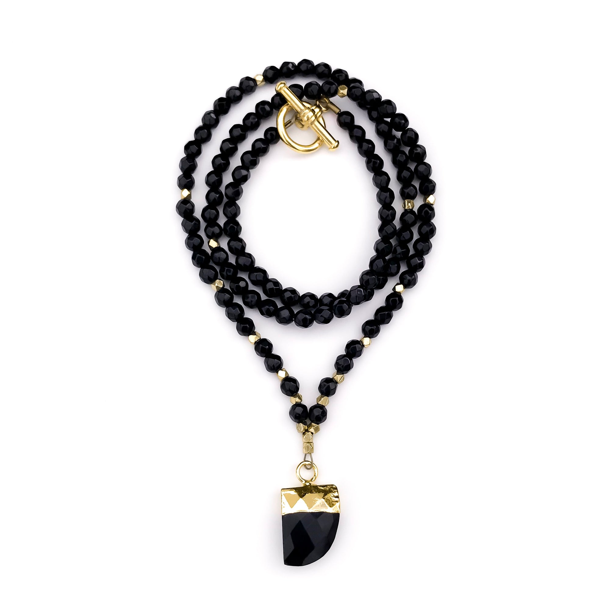Faceted black onyx beaded necklace with black onyx pendant.