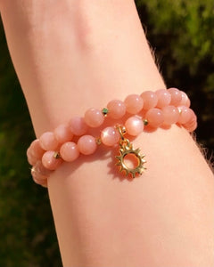 Sparkly Sunstone Crystal Bracelet with gold Radiant Sun Pendant, yoga jewelry